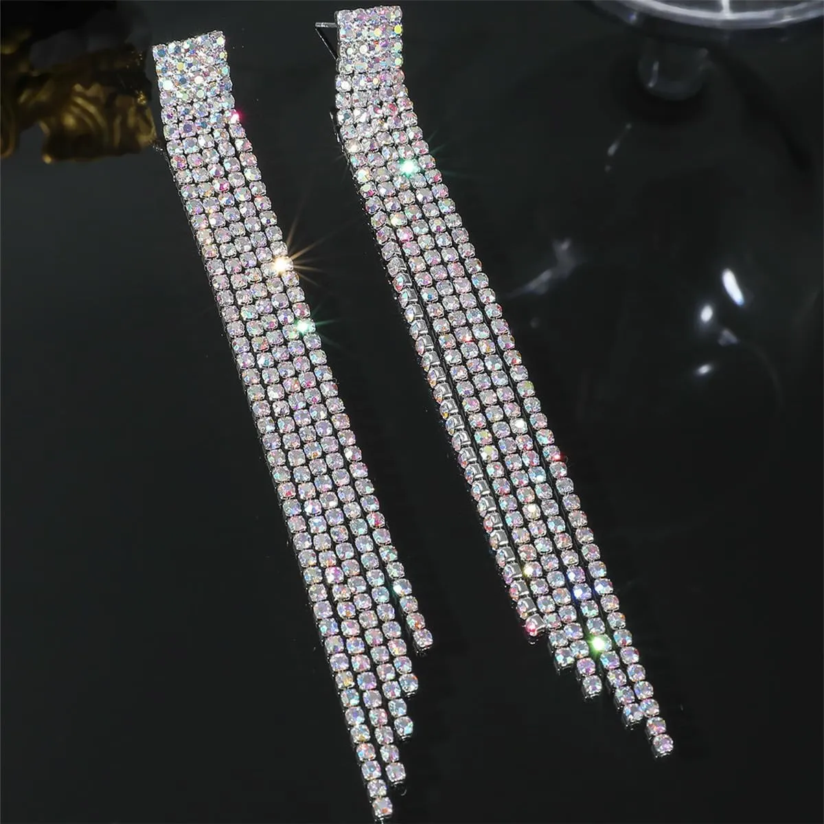 Rhinestone Tassel Earrings Sparkly Long Fringe Crystal Chandelier Dangle Drop Earrings Wedding Party Prom Earrings Premium Iridescent Earrings Wedding Party Jewelry Gifts for Women