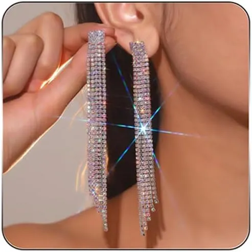 Rhinestone Tassel Earrings Sparkly Long Fringe Crystal Chandelier Dangle Drop Earrings Wedding Party Prom Earrings Premium Iridescent Earrings Wedding Party Jewelry Gifts for Women