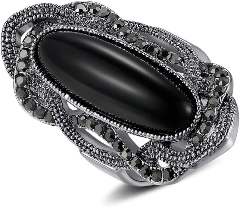 Rhodium Plated Large Black Stone Statement Rings for Women Cocktail Rings Size 7-9