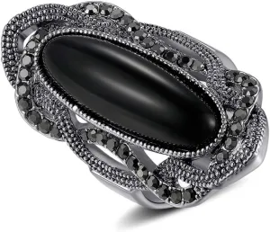 Rhodium Plated Large Black Stone Statement Rings for Women Cocktail Rings Size 7-9