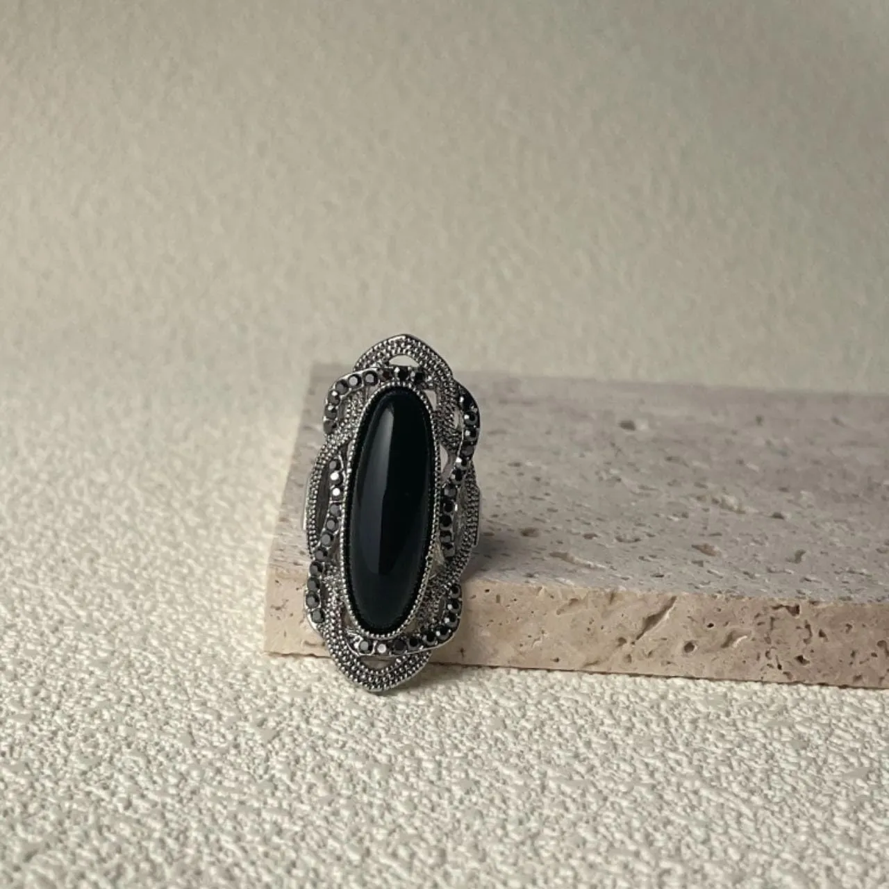 Rhodium Plated Large Black Stone Statement Rings for Women Cocktail Rings Size 7-9
