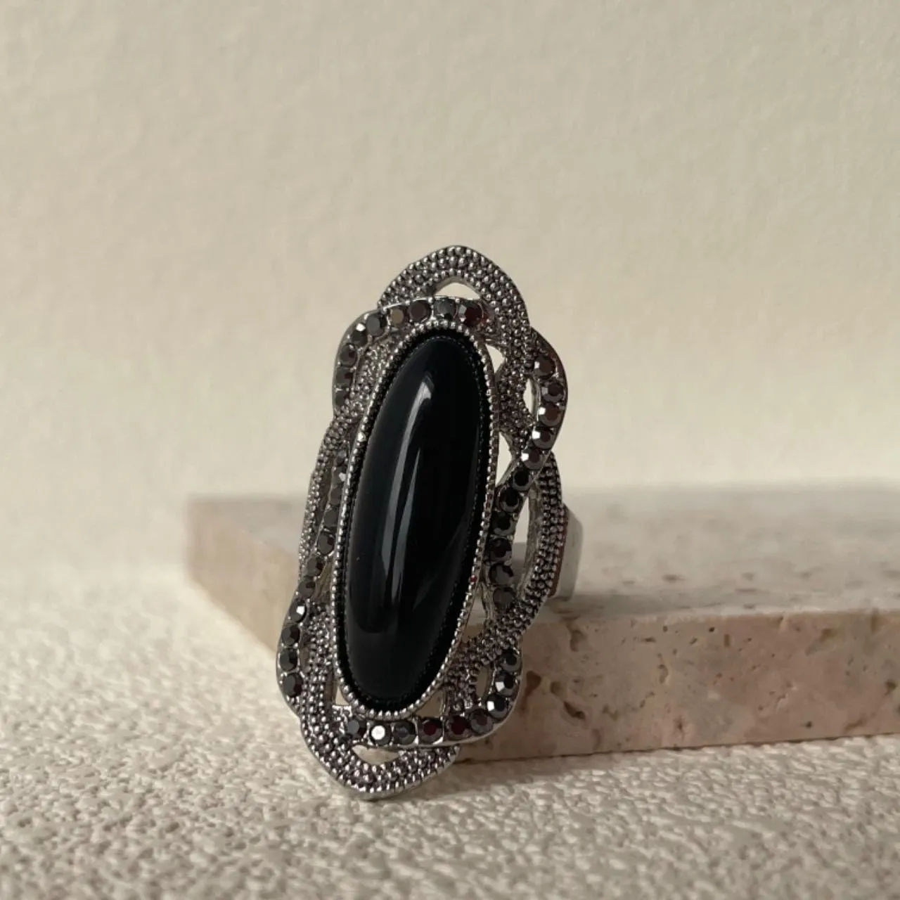 Rhodium Plated Large Black Stone Statement Rings for Women Cocktail Rings Size 7-9