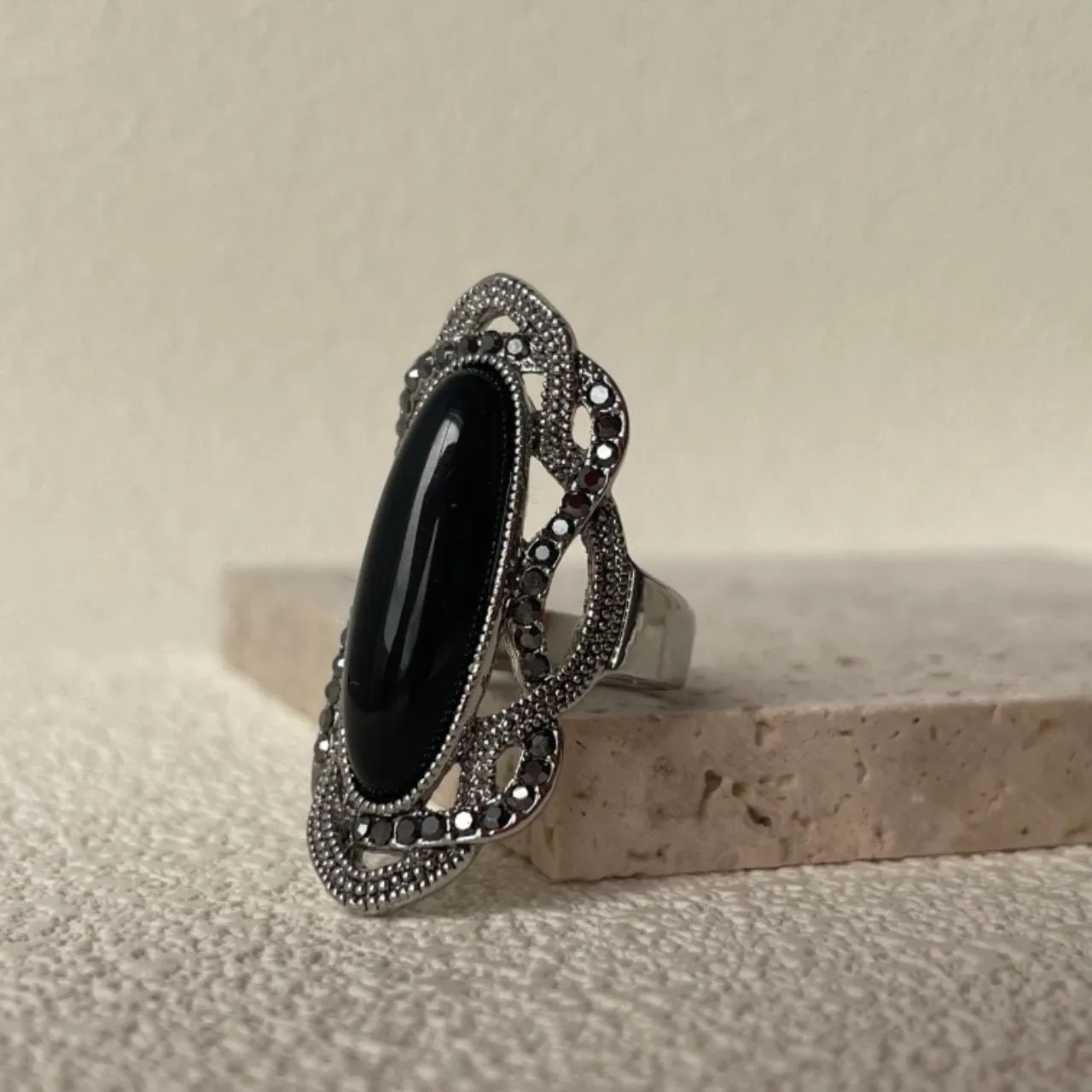 Rhodium Plated Large Black Stone Statement Rings for Women Cocktail Rings Size 7-9