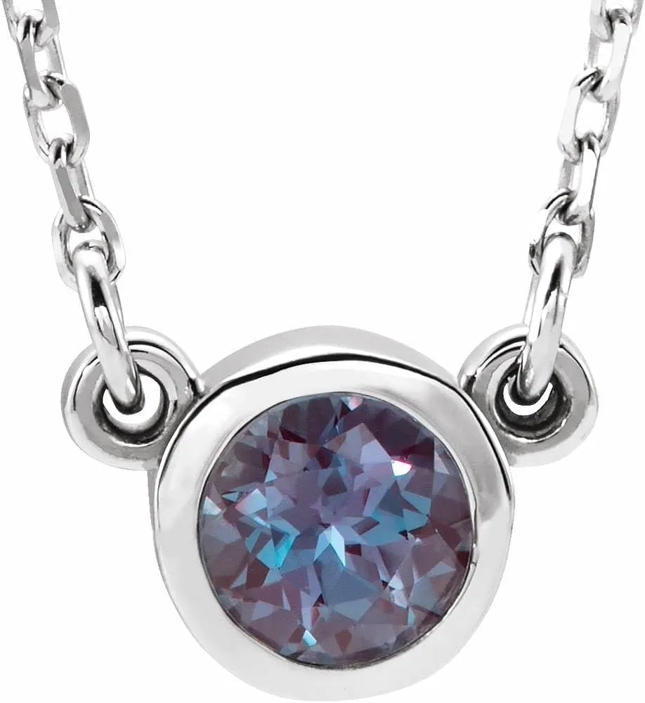 Rhodium Plated Sterling Silver 3mm Round Shape Imitation Alexandrite Solitaire Necklace Fine Jewelry for Women Gifts for Her, 16"