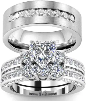ringheart Couple Rings White Gold Filled Heart Cut Cz Womens Wedding Ring Sets Titanium Steel Mens Wedding BandPlease Buy 2 Rings for 1 Pair