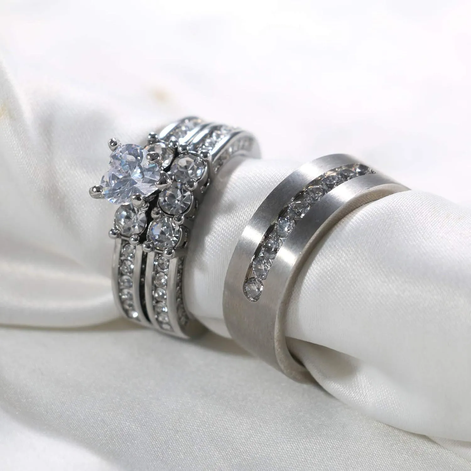 ringheart Couple Rings White Gold Filled Heart Cut Cz Womens Wedding Ring Sets Titanium Steel Mens Wedding BandPlease Buy 2 Rings for 1 Pair