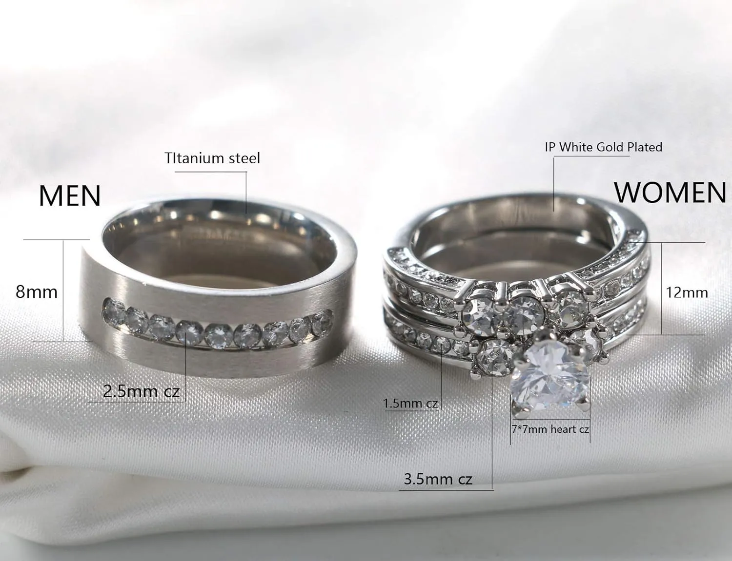 ringheart Couple Rings White Gold Filled Heart Cut Cz Womens Wedding Ring Sets Titanium Steel Mens Wedding BandPlease Buy 2 Rings for 1 Pair