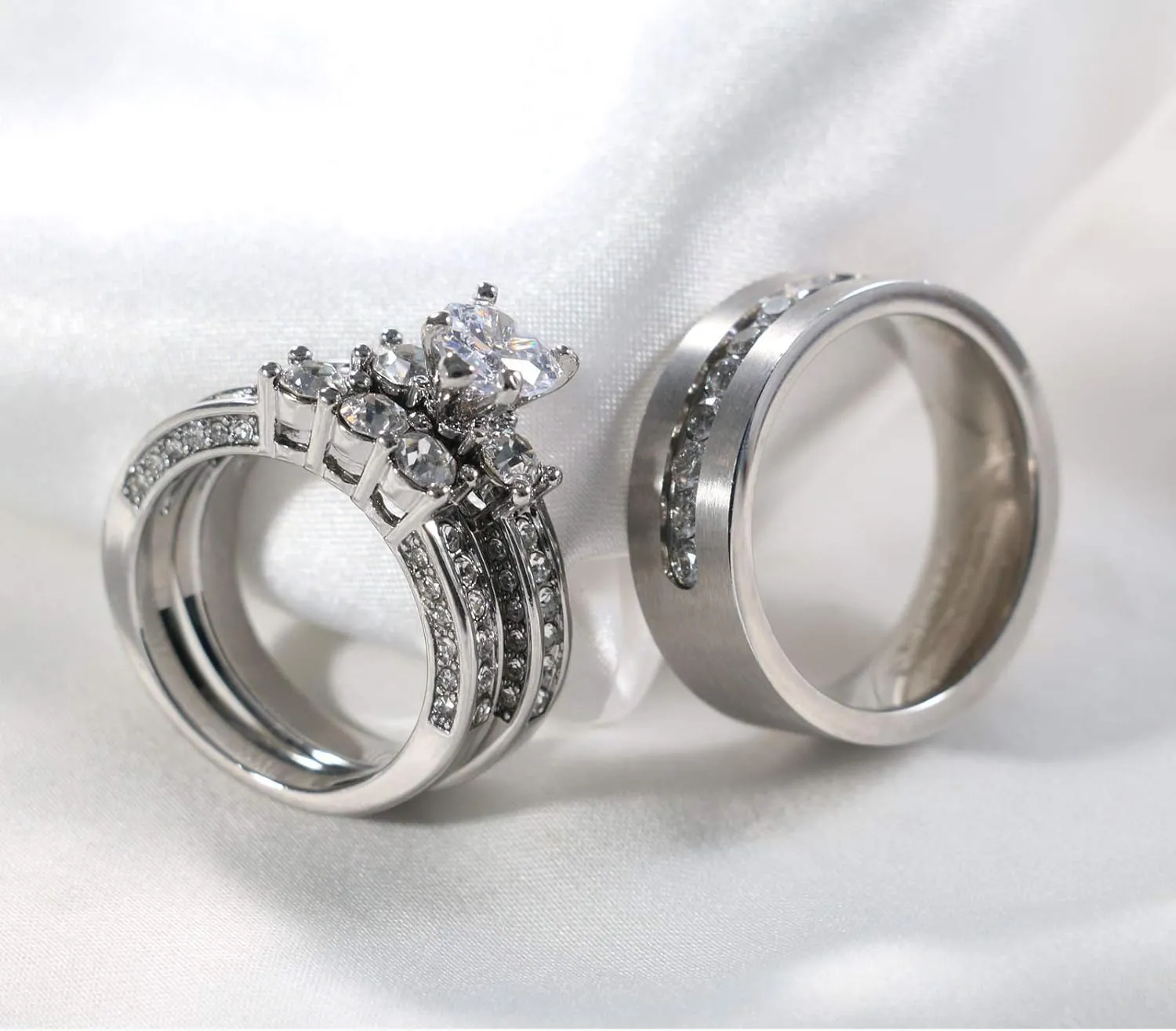 ringheart Couple Rings White Gold Filled Heart Cut Cz Womens Wedding Ring Sets Titanium Steel Mens Wedding BandPlease Buy 2 Rings for 1 Pair