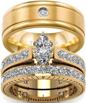 ringheart Couple Rings Yellow Gold Filled Marquise Cut Cz Womens Wedding Ring Sets Titanium Men's Wedding BandPlease Buy 2 Rings for 1 Pair