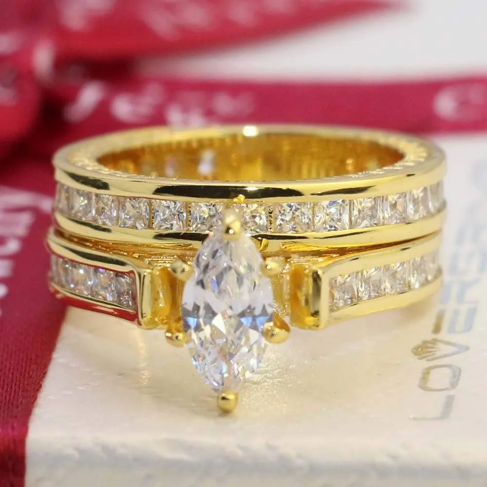 ringheart Couple Rings Yellow Gold Filled Marquise Cut Cz Womens Wedding Ring Sets Titanium Men's Wedding BandPlease Buy 2 Rings for 1 Pair