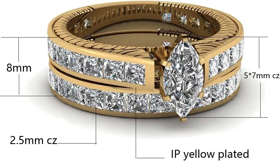 ringheart Couple Rings Yellow Gold Filled Marquise Cut Cz Womens Wedding Ring Sets Titanium Men's Wedding BandPlease Buy 2 Rings for 1 Pair