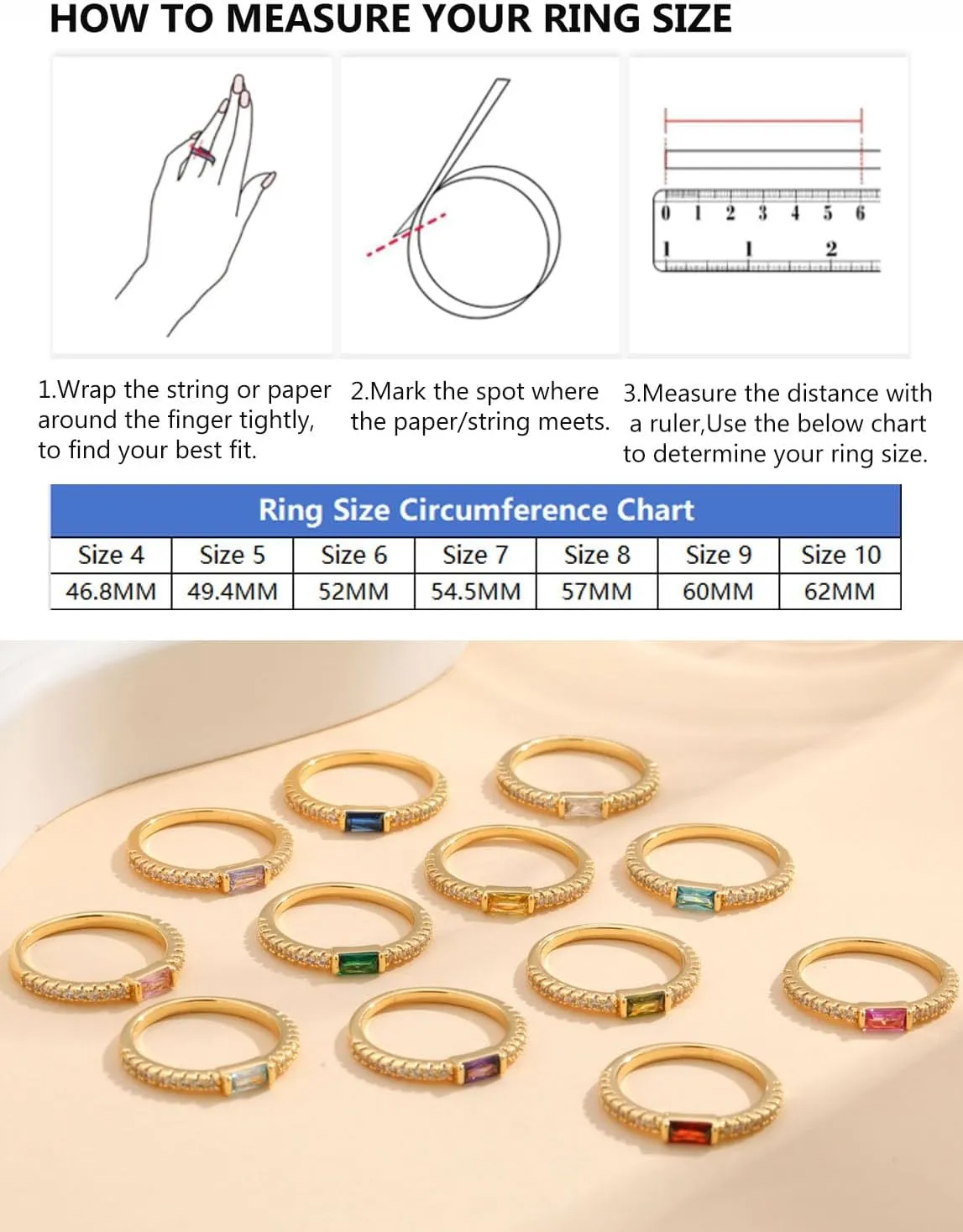 RLMOON Gold Birthstone Rings for Women Non Tarnish 14K Gold Plated Eternity Stacking Ring Dainty CZ Gemstone Engagement Wedding Band Birthday Gifts Jewelry Size 6-10
