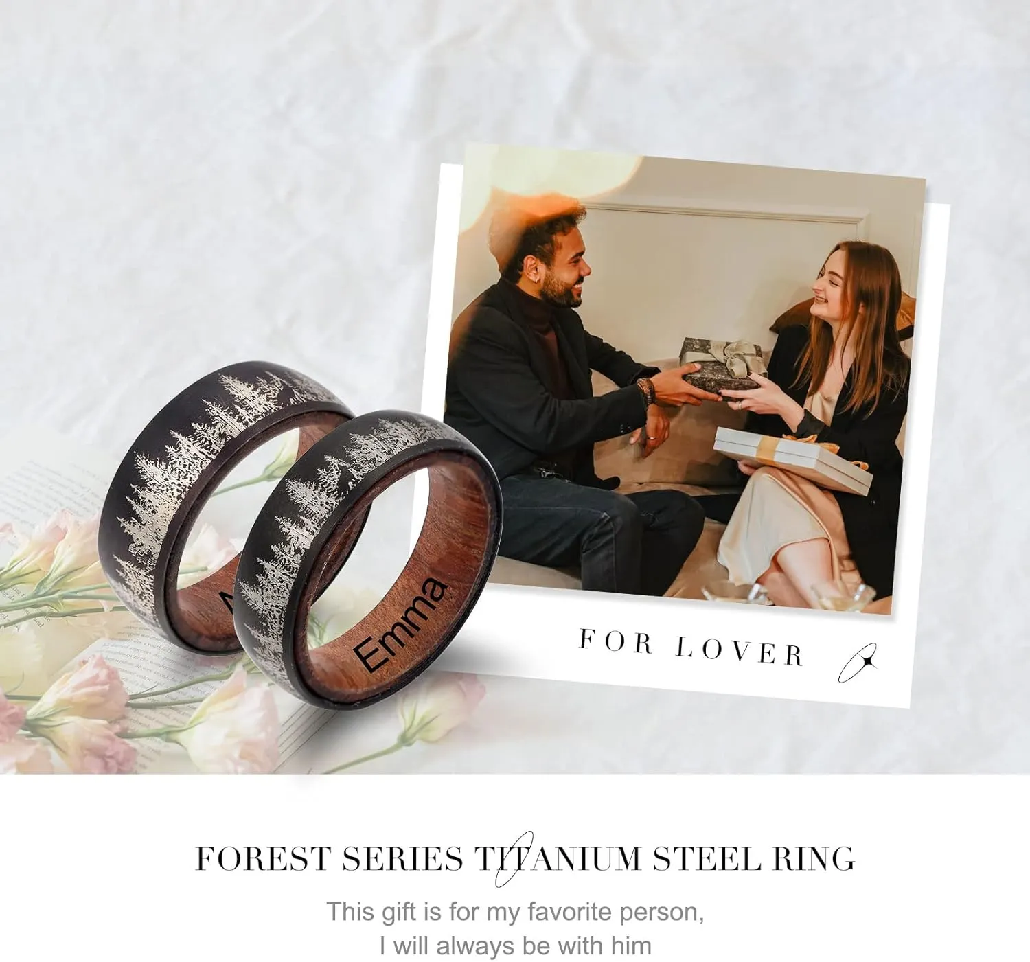 ROSI Engraved Personalized Titanium Tungsten Rings for Men Women Wedding Bands for Him And Her Wooden Inlay Promise Engagement Band Couple Ring Valentine'S Day Gift Size 6-15