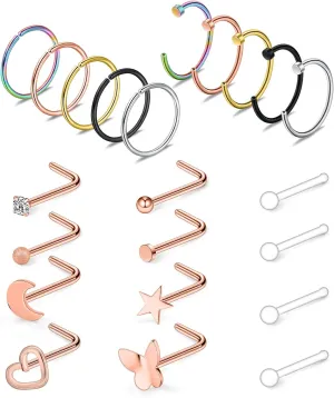 Ruifan 20G Surgical Steel Nose Stud Rings L Shaped Tragus Lip Nose Hoop Ring Piercing Jewelry Flat Ball Heart Star Moon CZ 4-22PCS