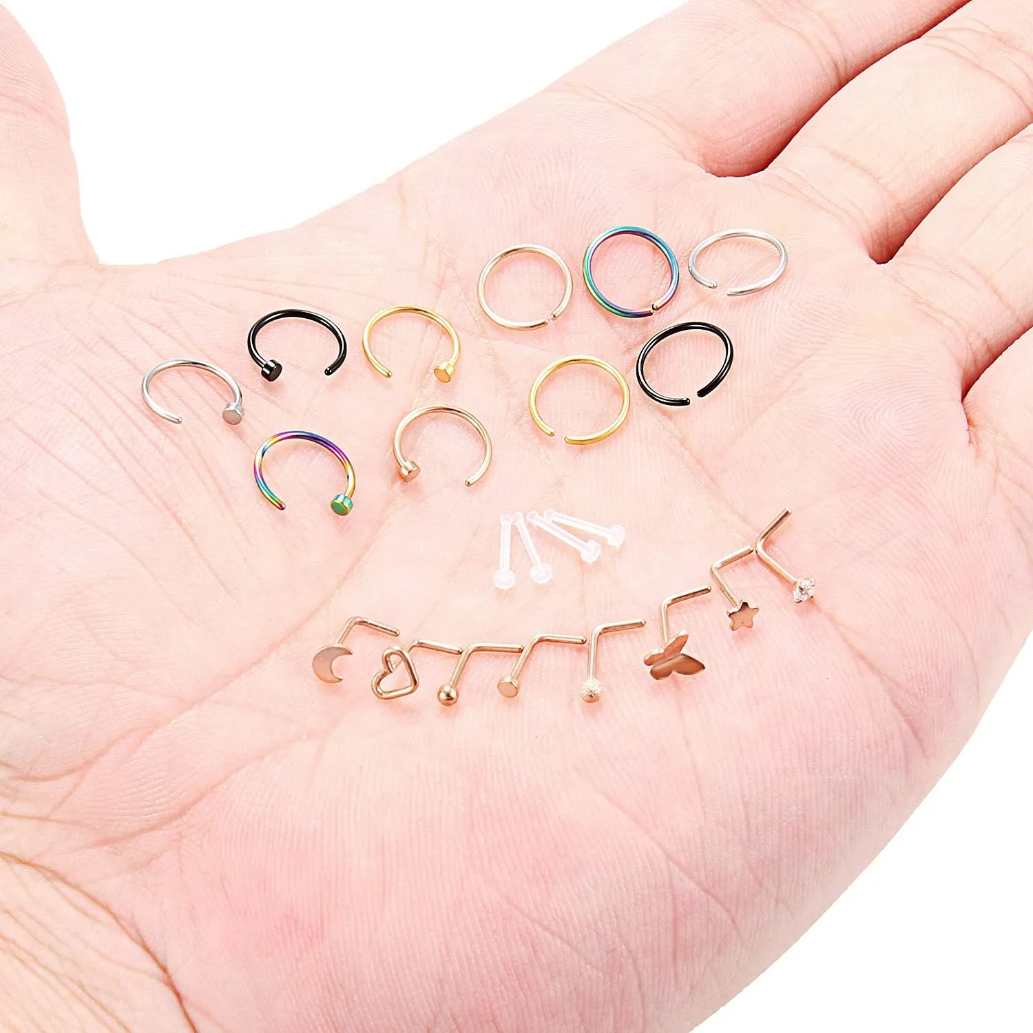 Ruifan 20G Surgical Steel Nose Stud Rings L Shaped Tragus Lip Nose Hoop Ring Piercing Jewelry Flat Ball Heart Star Moon CZ 4-22PCS