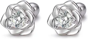 S999 Sterling Silver Small Tiny Rose Flower Stud Earrings for Women with Clear Cubic Zirconia Screw Back Hypoallergenic Fashion Jewelry