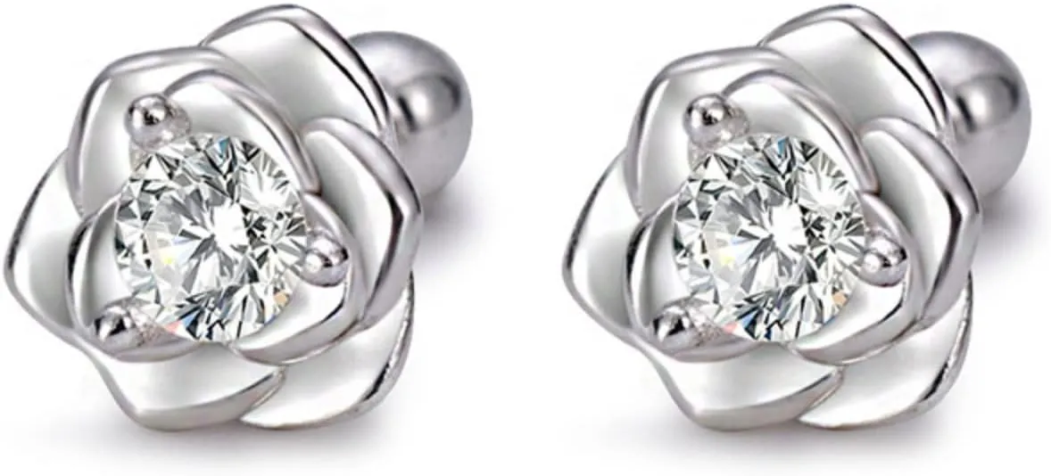 S999 Sterling Silver Small Tiny Rose Flower Stud Earrings for Women with Clear Cubic Zirconia Screw Back Hypoallergenic Fashion Jewelry