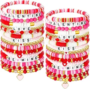 Sasylvia Valentine's Day Bracelets Pink Heishi Polymer Clay Beaded Bracelets Preppy Beach Stretch Bracelet Elastic String Summer Surfer Stackable Charm for Women Party