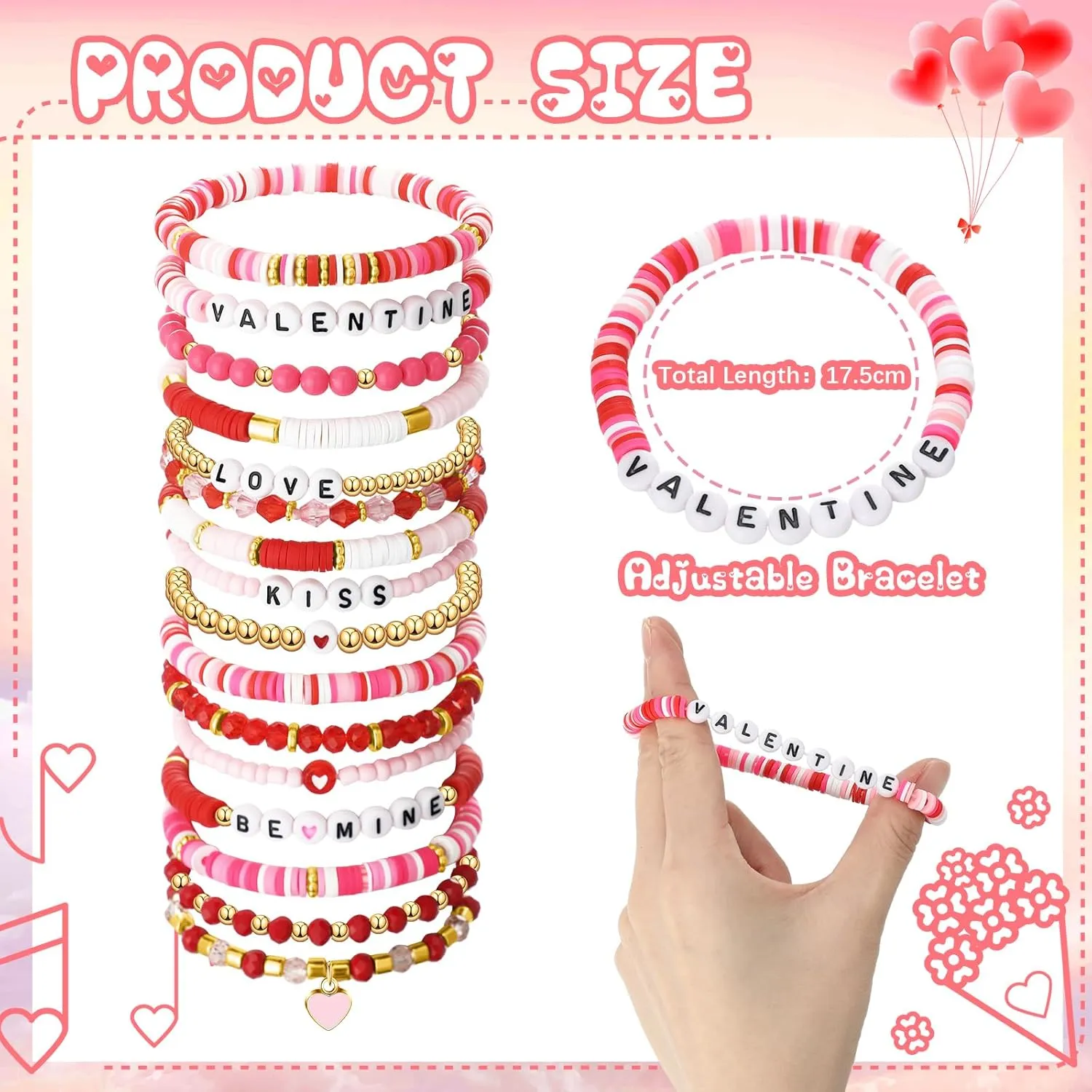 Sasylvia Valentine's Day Bracelets Pink Heishi Polymer Clay Beaded Bracelets Preppy Beach Stretch Bracelet Elastic String Summer Surfer Stackable Charm for Women Party