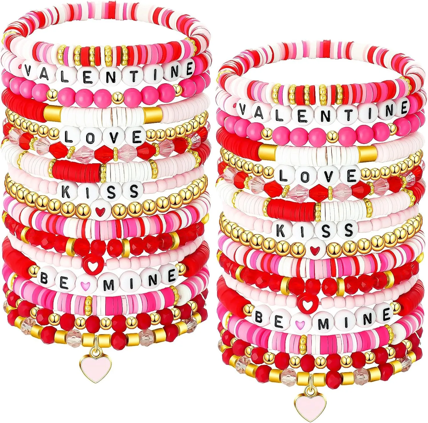 Sasylvia Valentine's Day Bracelets Pink Heishi Polymer Clay Beaded Bracelets Preppy Beach Stretch Bracelet Elastic String Summer Surfer Stackable Charm for Women Party
