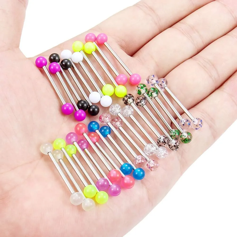 SCERRING 15 Pairs 16G 14G Stainless Steel Tongue Barbell Ring Nippleings Nipple Rings Acrylic Balls Body Piercing Jewelry Retainer 14mm 16mm 19mm 22mm