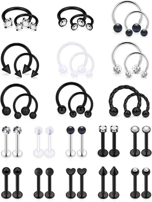 SCERRING 16g Lip Rings Stainless Steel Horseshoe Labret Monroe Lip Rings Nail Tragus Rook Helix Cartilage Earrings Studs Ring Medusa Piercing Jewelry 38PCS