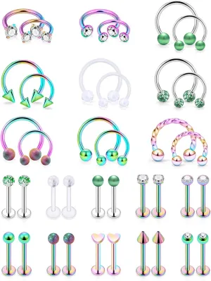 SCERRING 16g Lip Rings Stainless Steel Horseshoe Labret Monroe Lip Rings Nail Tragus Rook Helix Cartilage Earrings Studs Ring Medusa Piercing Jewelry 38PCS
