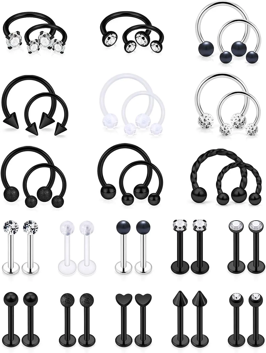 SCERRING 16g Lip Rings Stainless Steel Horseshoe Labret Monroe Lip Rings Nail Tragus Rook Helix Cartilage Earrings Studs Ring Medusa Piercing Jewelry 38PCS