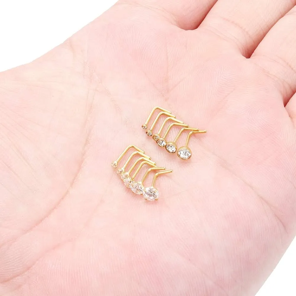 SCERRING 20G Nose Rings Hoop Stainless Steel Bone L Shaped Screw Clear CZ Opal Nose Studs Cartilage Tragus Earrings Piercing Ring Hoop Body Jewelry Set