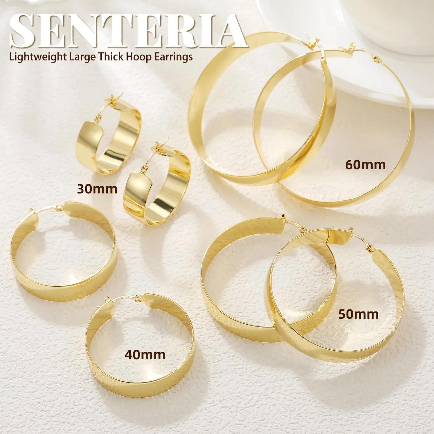 Senteria 10mm Wide Chunky 14K Gold Plated Hoop Earrings for Women Hypoallergenic Thick 925 Sterling Silver Hoops Earring Lightweight Large Silver Hoop Earrings for Women (30/40/50/60MM)