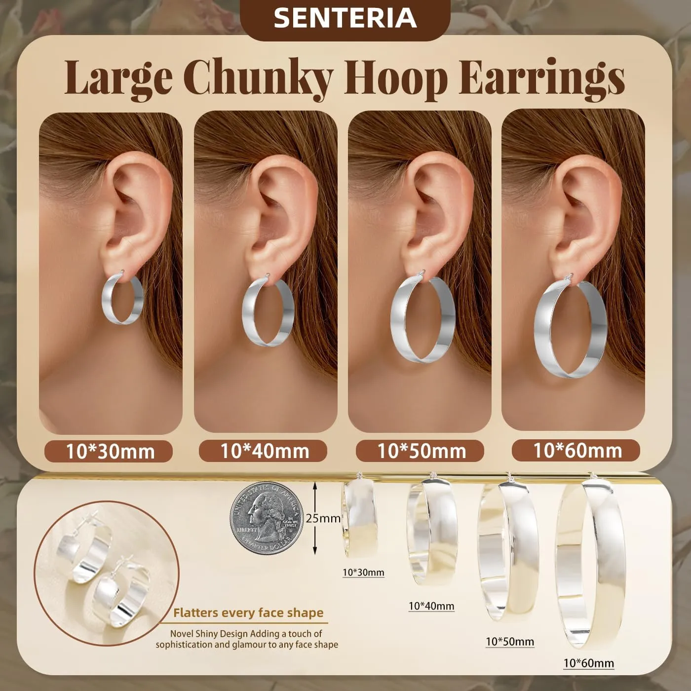 Senteria 10mm Wide Chunky 14K Gold Plated Hoop Earrings for Women Hypoallergenic Thick 925 Sterling Silver Hoops Earring Lightweight Large Silver Hoop Earrings for Women (30/40/50/60MM)