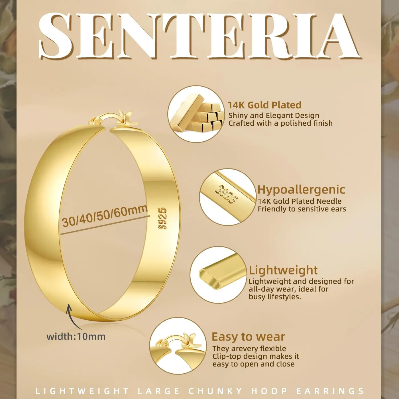 Senteria 10mm Wide Chunky 14K Gold Plated Hoop Earrings for Women Hypoallergenic Thick 925 Sterling Silver Hoops Earring Lightweight Large Silver Hoop Earrings for Women (30/40/50/60MM)