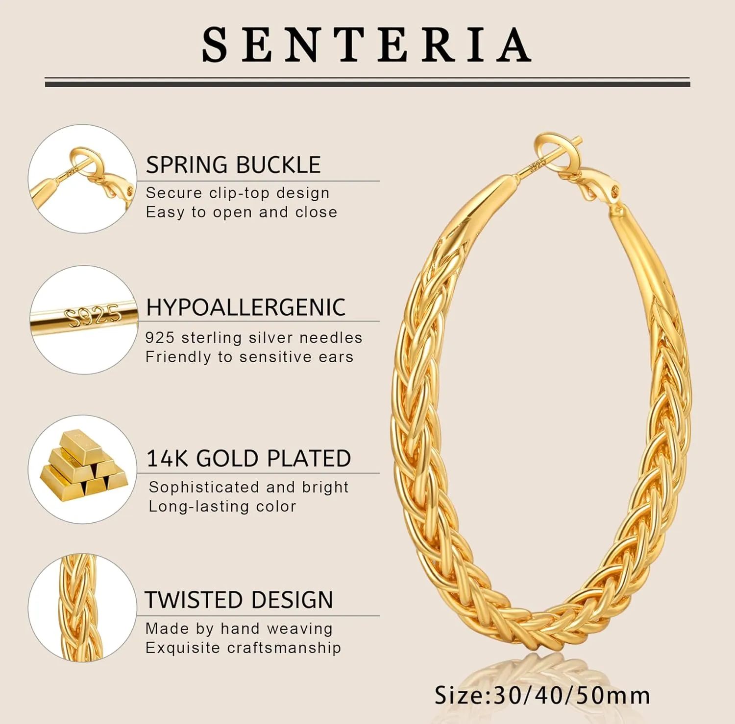 Senteria Silver Hoop Earrings for Women Hypoallergenic 925 Sterling Silver Post Hoop Earrings Lightweight Large Hoops Earring Thick Twisted Silver Hoops 30/40/50MM