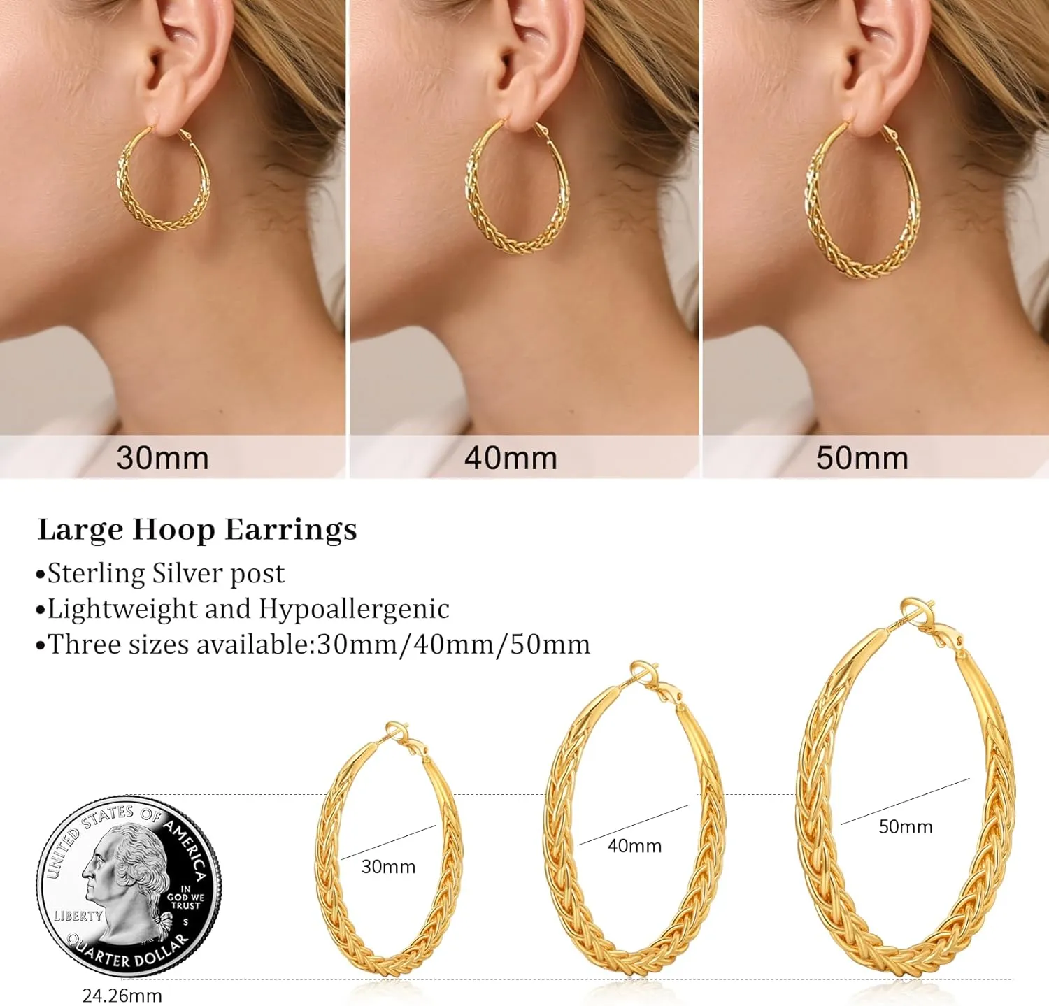 Senteria Silver Hoop Earrings for Women Hypoallergenic 925 Sterling Silver Post Hoop Earrings Lightweight Large Hoops Earring Thick Twisted Silver Hoops 30/40/50MM