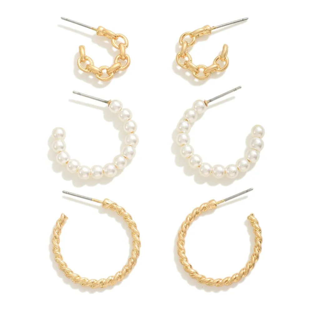 Set of 3 Pearls and Gold Hoops