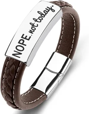 SHNIAN Brown Leather & Silver Stainless Steel Friendship Cuffs Bracelets,Inspirational Motivational Bracelets Christian Prayer for Men and Teens - Nope.not Today, 6.5"/7.28"/7.87"