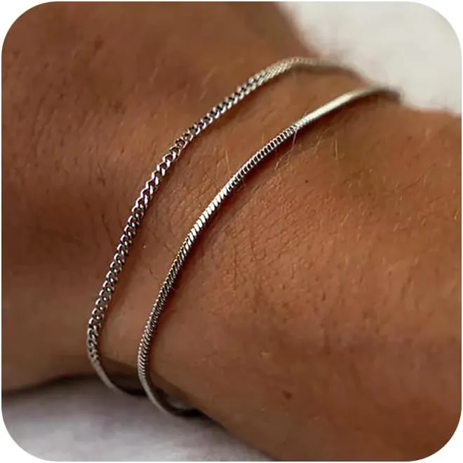 Silver Bracelets for Men Women 2mm Snake Cuban Mens Bracelet 6.5/7/7.5/8/8.5 Inches Bracelets Set Silver Mens Jewelry Gifts for Men
