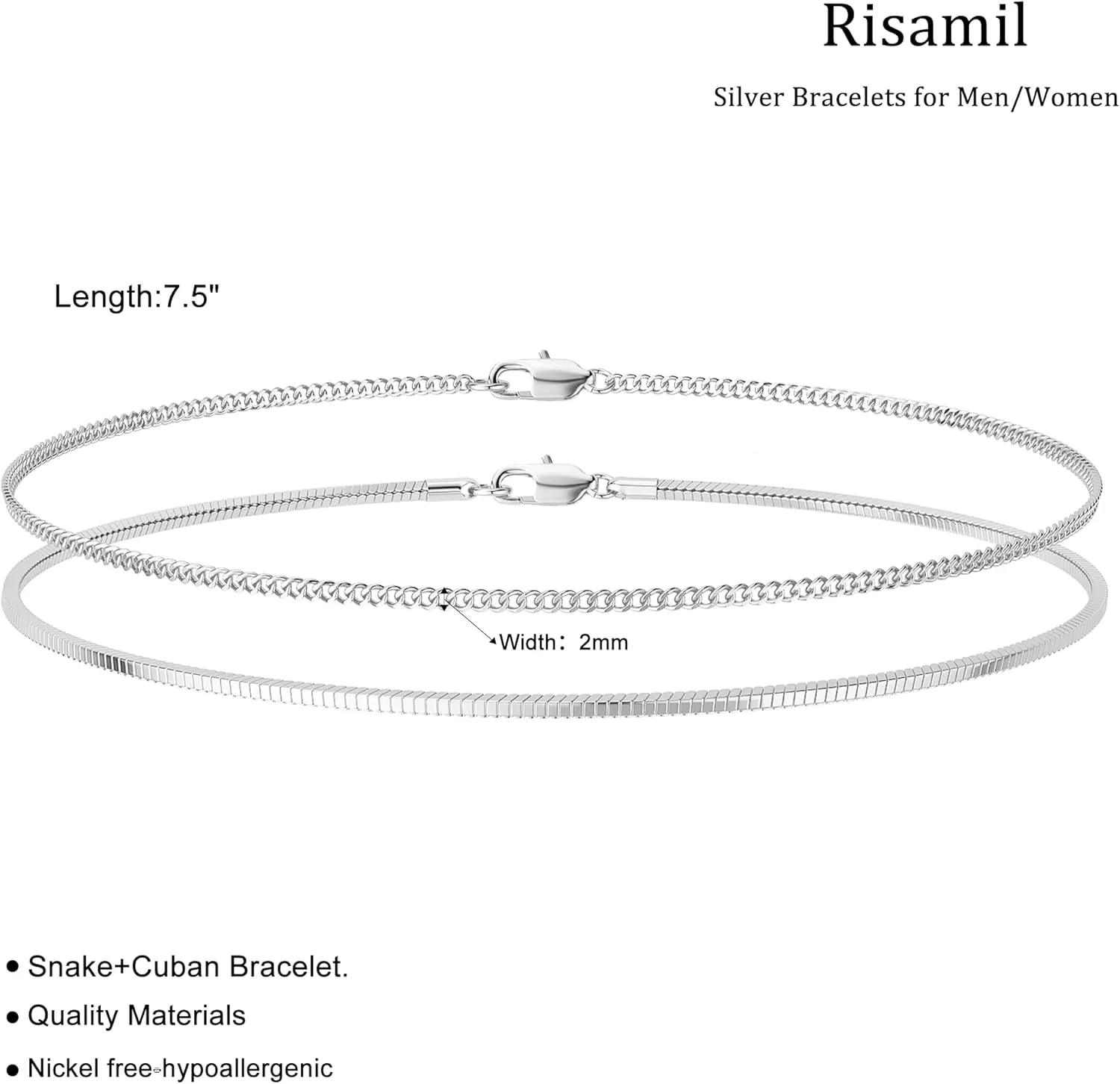 Silver Bracelets for Men Women 2mm Snake Cuban Mens Bracelet 6.5/7/7.5/8/8.5 Inches Bracelets Set Silver Mens Jewelry Gifts for Men
