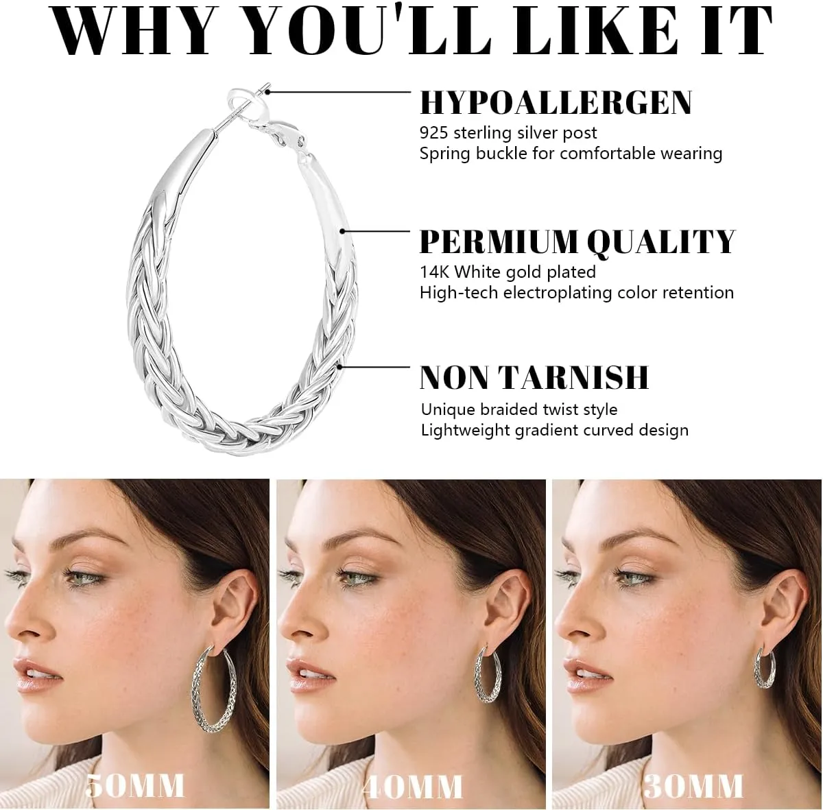 Silver Hoop Earrings for Women Trendy Hypoallergenic 925 Sterling Silver Post Hoop Earrings Lightweight Thick Twisted Large Silver Hoop Earrings 30/40/50MM