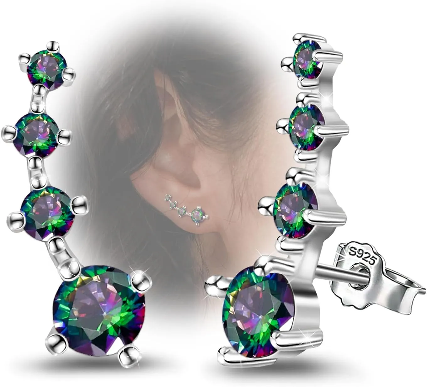 Silver Stud Earrings for Women Trendy - Sterling Silver Ear Climber Earrings Hypoallergenic Post Earrings for Sensitive Ears Colorful Cubic Zirconia Earrings Fashion Women's Earrings Gift for Birthday