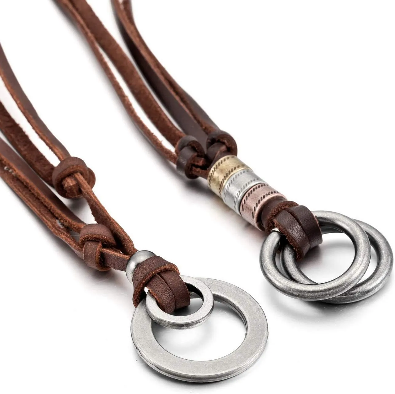 Silver Tone Brown Alloy Genuine Leather Pendant Necklace Double Ring Adjustable
