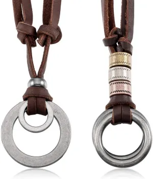 Silver Tone Brown Alloy Genuine Leather Pendant Necklace Double Ring Adjustable