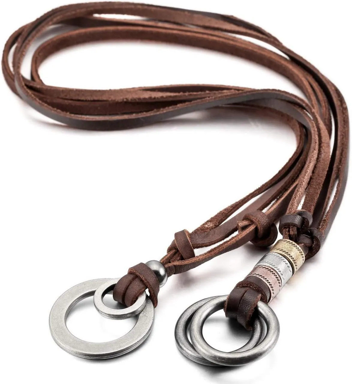 Silver Tone Brown Alloy Genuine Leather Pendant Necklace Double Ring Adjustable