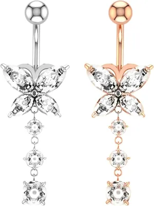 Simple Surgical Steel Belly Button Rings, 2pcs Dangle Navel Rings for Women Cubic Zirconia 14G Dangle Belly Button Rings Summer Butterfly