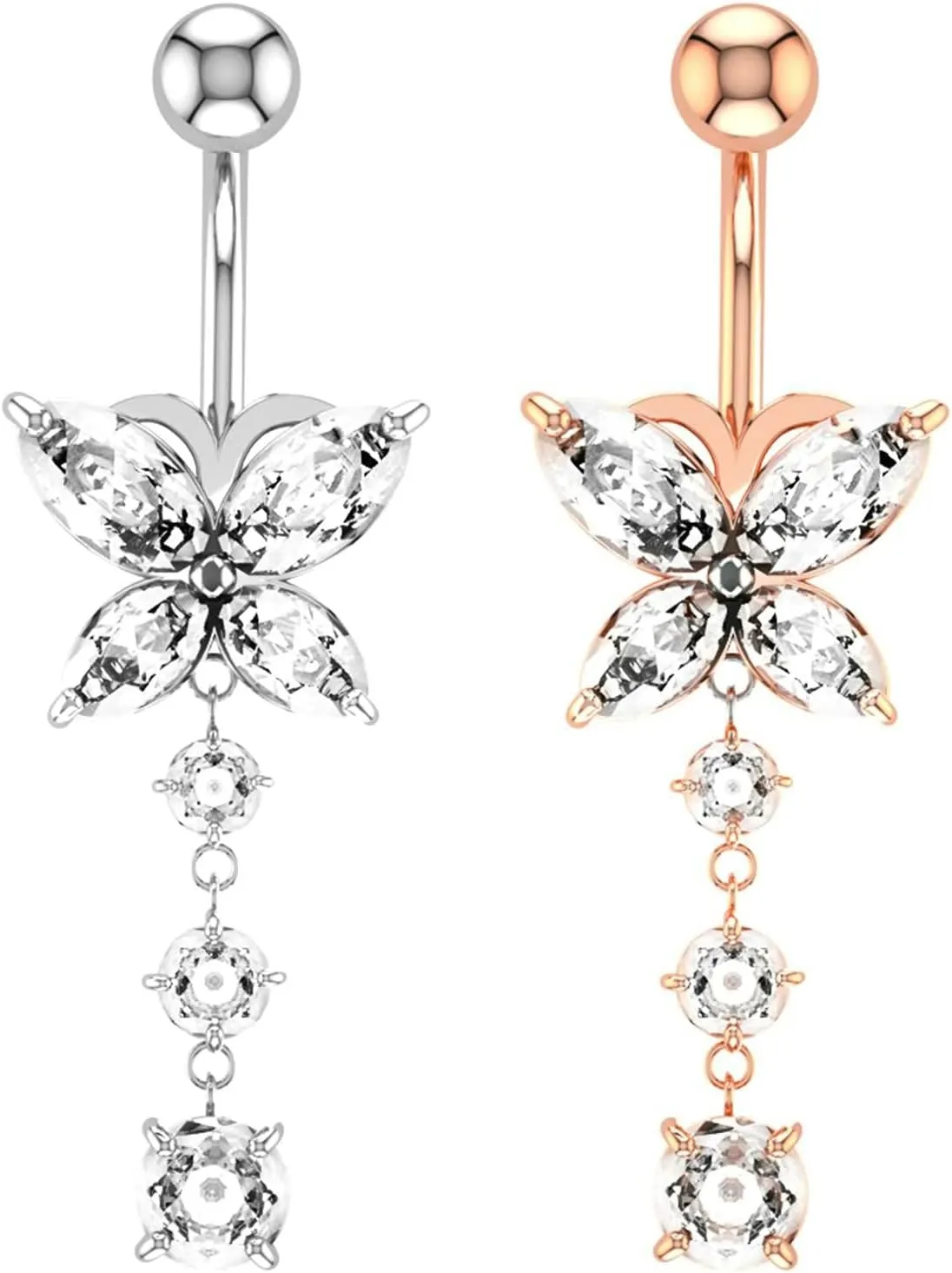 Simple Surgical Steel Belly Button Rings, 2pcs Dangle Navel Rings for Women Cubic Zirconia 14G Dangle Belly Button Rings Summer Butterfly