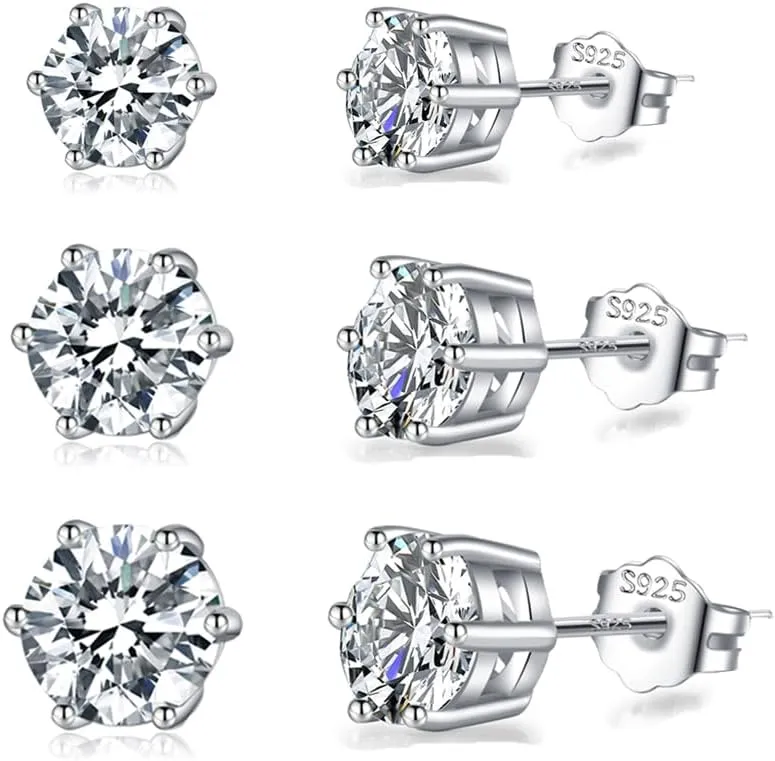 SLUYNZ Solid 925 Sterling Silver Cubic Zirconia Stud Earrings for Women Teens Round CZ Stud Earrings 3 Pairs Stud Earrings Set Simulated Diamond Studs