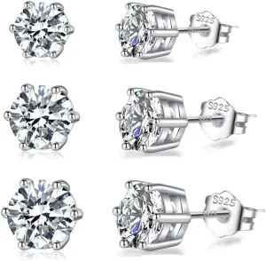 SLUYNZ Solid 925 Sterling Silver Cubic Zirconia Stud Earrings for Women Teens Round CZ Stud Earrings 3 Pairs Stud Earrings Set Simulated Diamond Studs