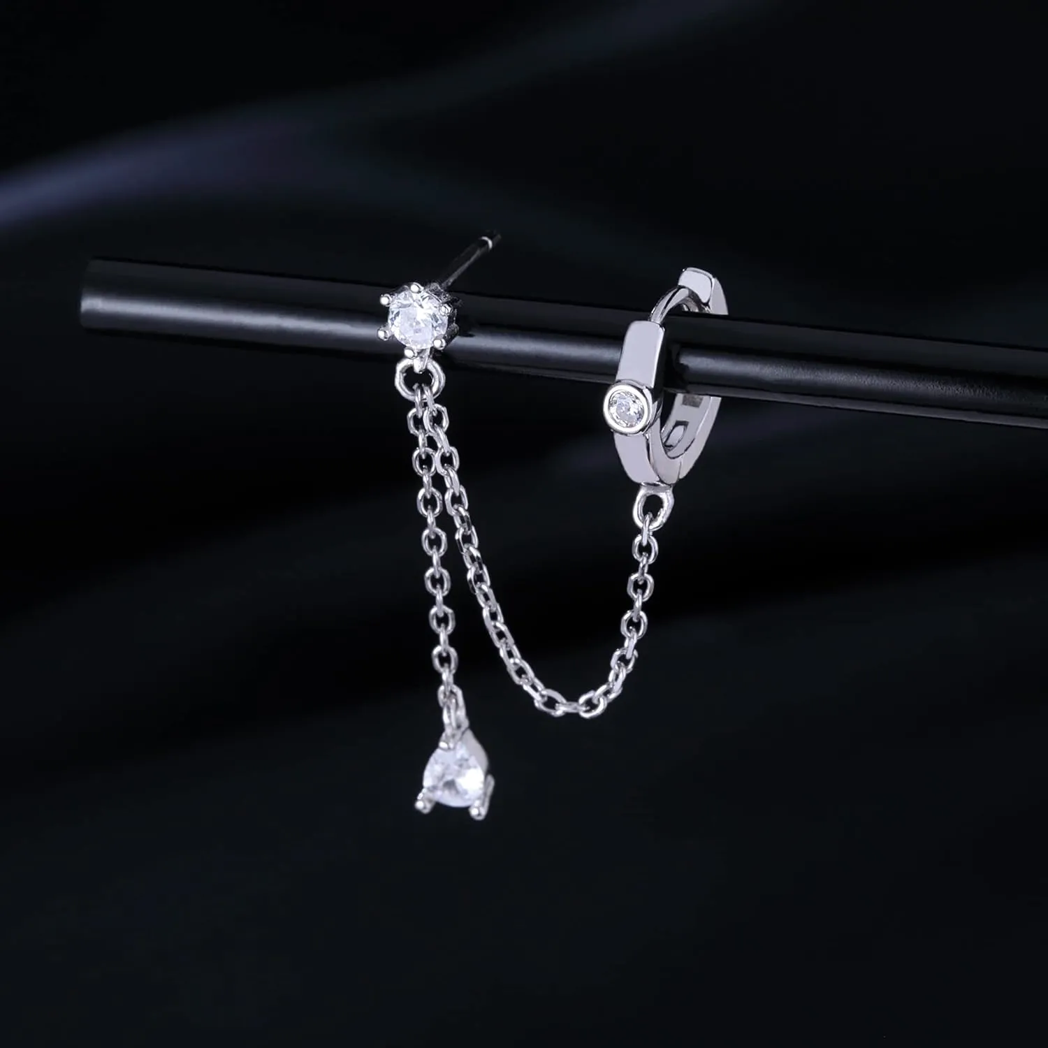 SLUYNZ Sterling Silver Double Piercing Earrings - Huggie Hoops with Chain, Droplet Dangle Design for Women