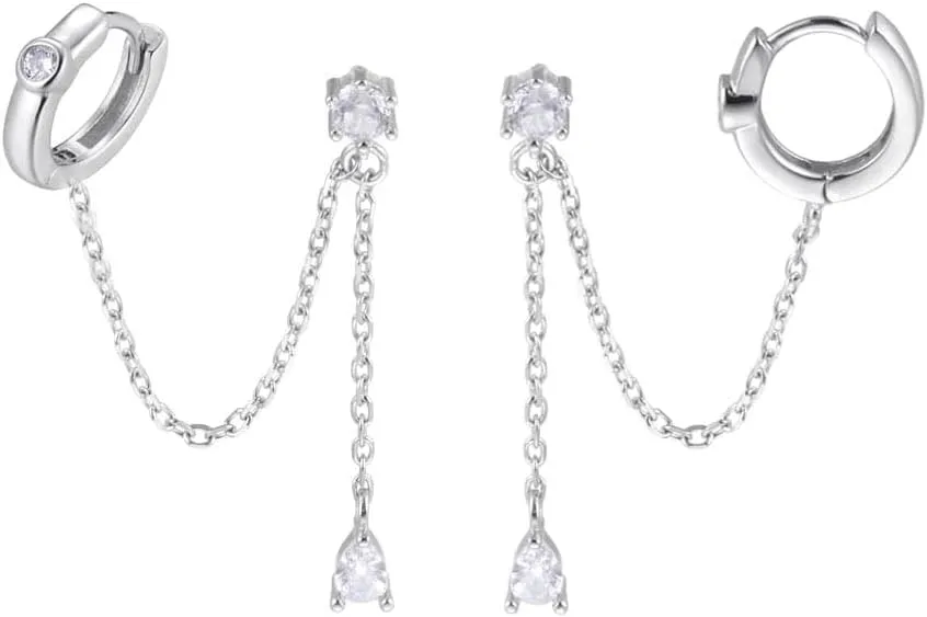 SLUYNZ Sterling Silver Double Piercing Earrings - Huggie Hoops with Chain, Droplet Dangle Design for Women