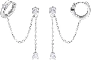 SLUYNZ Sterling Silver Double Piercing Earrings - Huggie Hoops with Chain, Droplet Dangle Design for Women